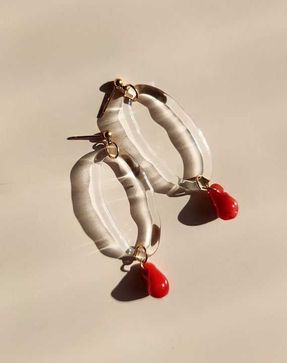 Sculptural Glass Earrings – Statement Dangle Earrings in Clear and Coral Glass – Bold Coral Statement Jewelry - Unique Bridesmaid Earpieces