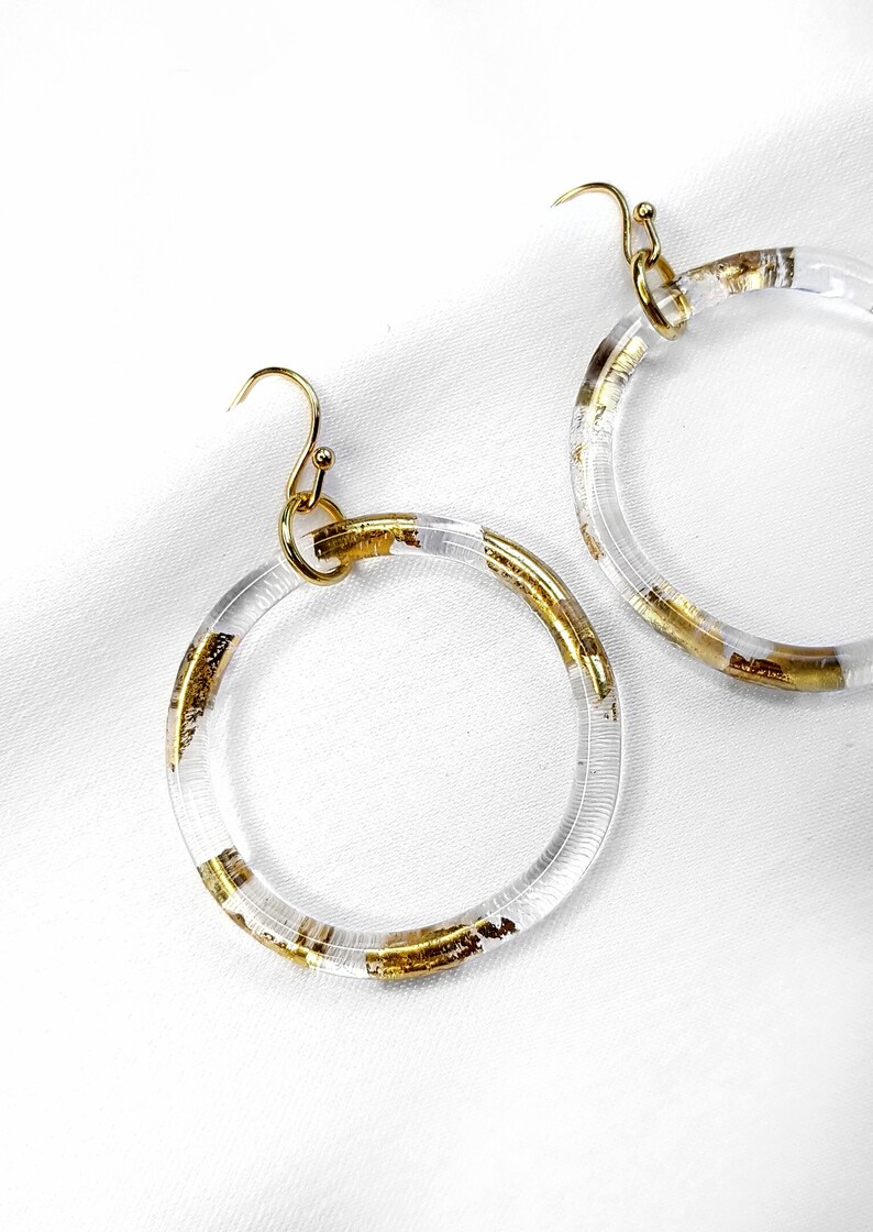 Minimalistic big circle earrings with gold 23ct, lampwork hoop earrings, borosiliate glass, classy and elegant, boho, rustic hoop earrings image 5
