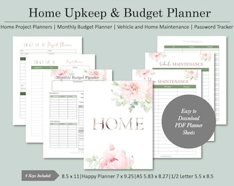 Feminine Botanical Budget Planner, Home Upkeep Planner, Home Car Maintenance  Planner Letter,  A5, half-letter, happy planner