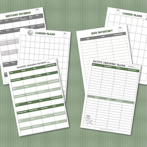 May include: Five printable gardening planner pages with headings for "Orchard Records", "Garden Plans", "Seed Inventory", "Native Growing Plans", and "Planting Growing Records".