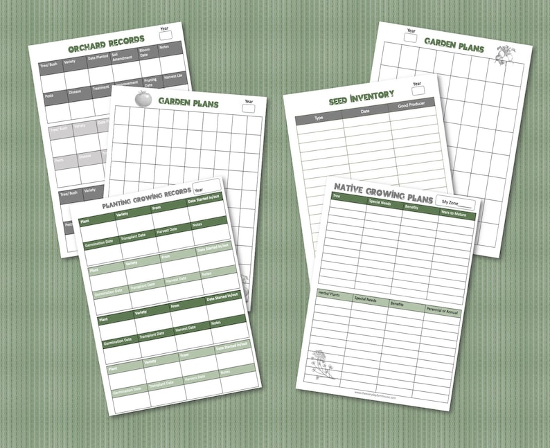 May include: Five printable gardening planner pages with headings for "Orchard Records", "Garden Plans", "Seed Inventory", "Native Growing Plans", and "Planting Growing Records".