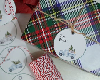 Printable Christmas Truck Gift Tags | Old Truck Christmas Trees Downloadable Gift Tags | Circle Shape Christmas Gift Tags