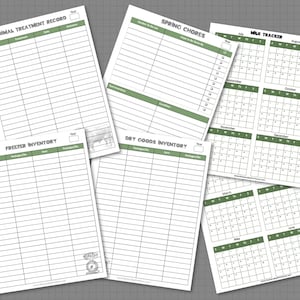 May include: A set of printable checklists and trackers for farm and homestead management. The pages include sections for animal treatment records, spring chores, freezer inventory, dry goods inventory, and a milk tracker calendar for the year 2023.