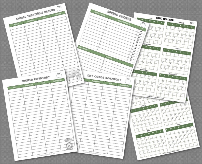 May include: A set of printable checklists and trackers for farm and homestead management. The pages include sections for animal treatment records, spring chores, freezer inventory, dry goods inventory, and a milk tracker calendar for the year 2023.