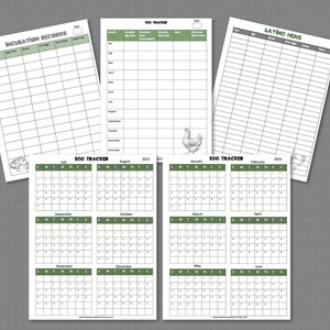 May include: Printable black and white egg tracker and laying hen record sheets. The sheets feature a green border and a chicken illustration. The egg tracker includes monthly calendars for 2022.