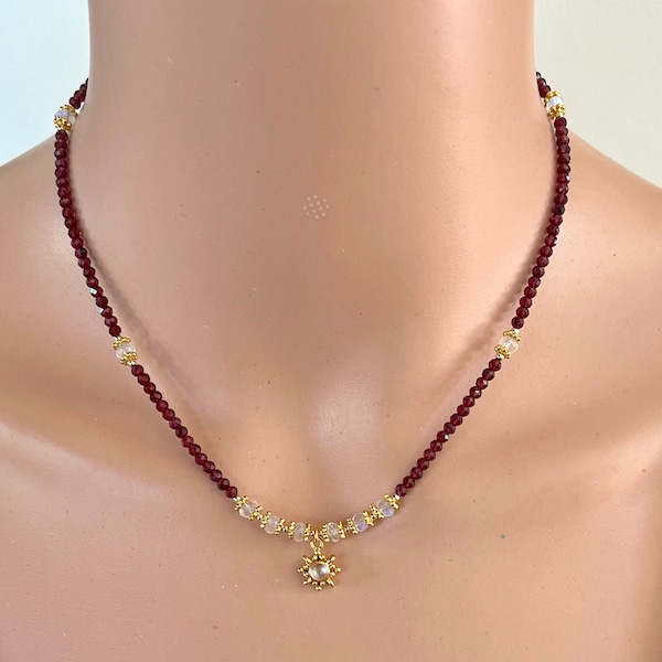 Garnet and Rainbow Moonstone Adjustable Length Necklace