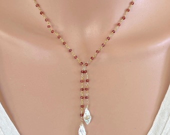 Hand Linked Garnet Faux Lariat with Cultured Pearls