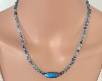 Aquamarine with Blue Flash Labradorite Adjustable Length Necklace