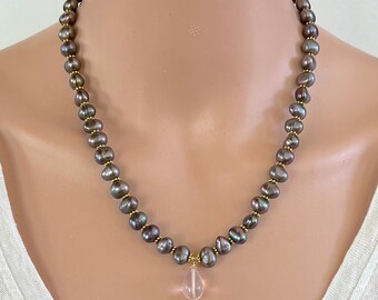 Chocolate Peacock Pearls with Rose Quartz  Adjustable Length Necklace