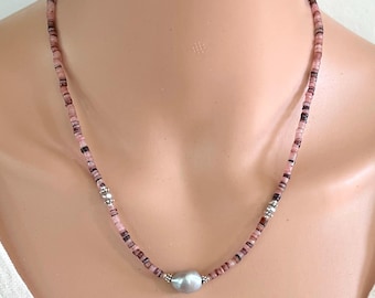 Pink Shell with Silvery Gray Pearls Adjustable Length Necklace
