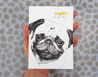 Postkarte "happy birthday Mops", Grußkarte, Geburtstagskarte, Mops, Mopskarte