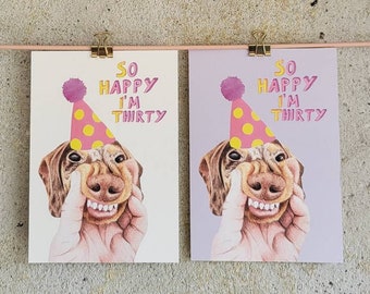 Postkarte "happy 30 Theo", Karte zum 30. Geburtstag, 30er Geburtstag, so happy I'm thirty Karte, Karte dirty thirty, Dackelkarte
