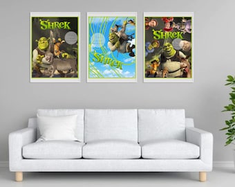 May include: Three movie posters featuring the green ogre Shrek. The first poster shows Shrek and Donkey standing in a swamp. The second poster shows Shrek flying through the air with Donkey on his back. The third poster shows Shrek with a group of characters from the movie.