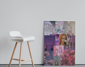 May include: A collage of images in shades of pink and purple. The collage includes images of money, champagne flutes, a woman with sunglasses, butterflies, and a bottle of wine.