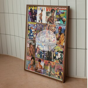 May include: A framed collage of vintage magazine covers, featuring celebrities and bold graphics. The magazines have a variety of colors and fonts. The frame is a dark brown wood. The magazines include the text "VERSACE", "Right On!", and "WILL POWER".