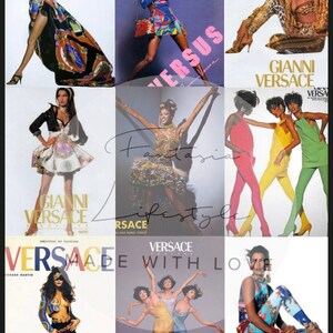 Pu&ograve; includere: Un collage di nove immagini con modelle che indossano abiti e accessori dei marchi Gianni Versace e Versus. Le immagini hanno sfondi diversi, tra cui un cielo blu, un muro bianco e un pavimento a scacchi bianco e nero. Il testo "Fantasia Lifestyle" &egrave; sovrapposto alle immagini.
