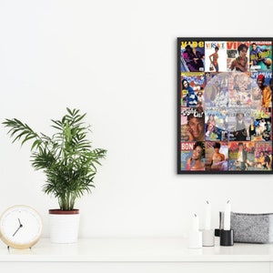 May include: A framed collage of vintage magazine covers, featuring a variety of people and the titles "Vibe", "Right On!", and "Essence". The frame is black, and the collage is displayed on a white wall above a white table.