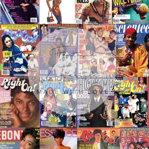 May include: A collage of vintage magazine covers featuring musicians, actors, and fashion models. The magazines include titles like Vibe, Versace, and Essence, showcasing diverse figures and bold graphics from the 90s.
