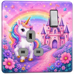 May include: A light switch cover with a fantasy theme. It depicts a white unicorn with a rainbow mane and a golden horn, set against a backdrop of a rainbow, castle, and flowers. The color scheme is dominated by pinks, purples, and blues.