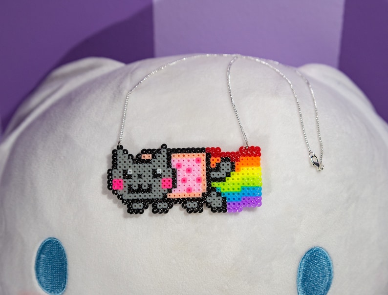 Nyan Cat 8bit Necklace with Silver Plated Delicate Chain Perler Beads Pixel Art