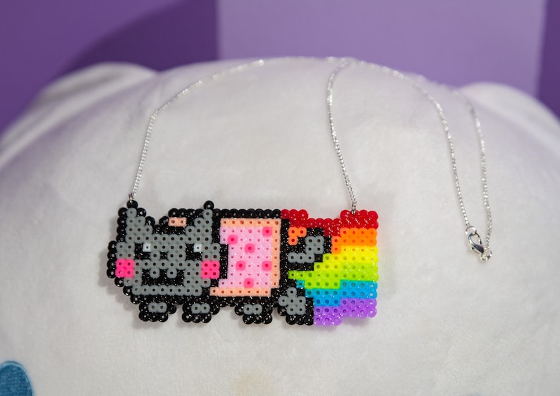 Nyan Cat 8bit Necklace with Silver Plated Delicate Chain Perler Beads Pixel Art