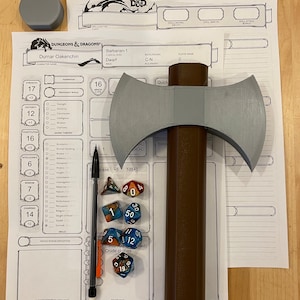 Dice Holding Axe for D&D - Holds your Dice, Character Sheets, and Pencil - Throws dice by swinging the axe!