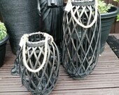 Black Lantern. Beautiful Handmade Black washed Storm Lantern in Split Willow with Rope Handle -49 cm high (large one in picture)