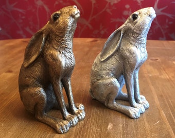 Sitting Hare. Beautiful Moon Gazing Silver Effect 12cm Sitting Hare , Beautifully Boxed Perfect Gift
