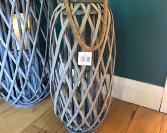 Grey Washed Lantern. Beautiful Handmade Grey washed Storm Lantern in Split Willow with Rope Handle -50cm high