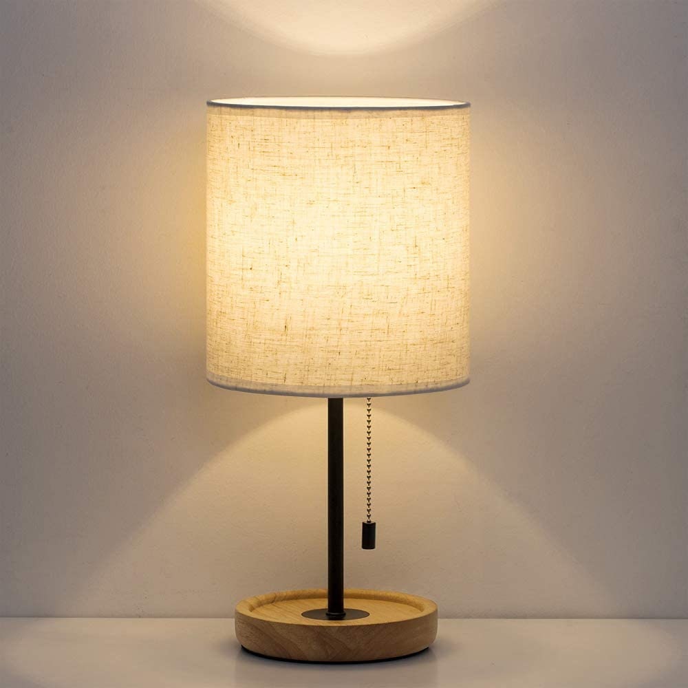Modern Nightstand Lamp with Linen Fabric Shade Wooden Desk Etsy