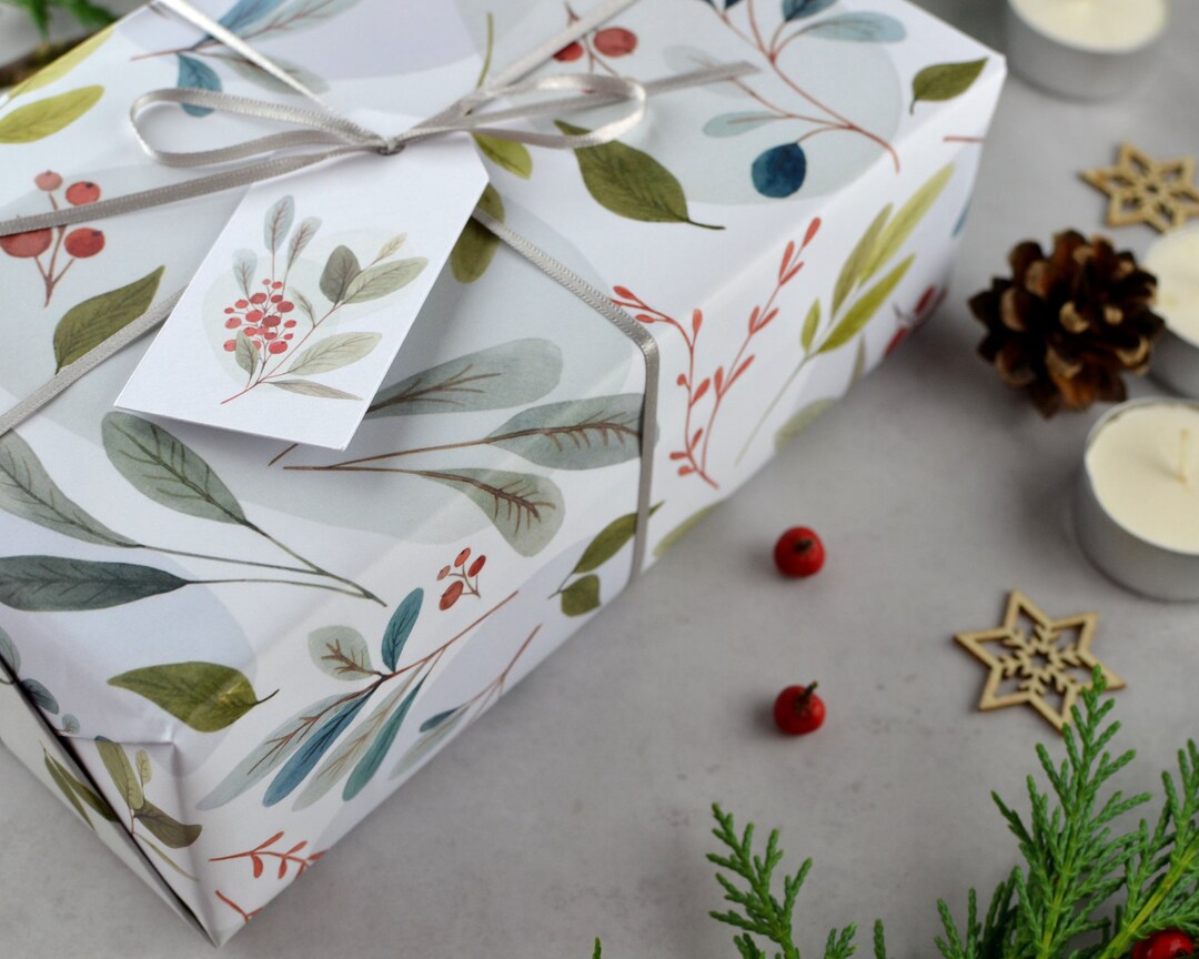 Luxury Christmas Wrapping Paper With Watercolour Botanical Design