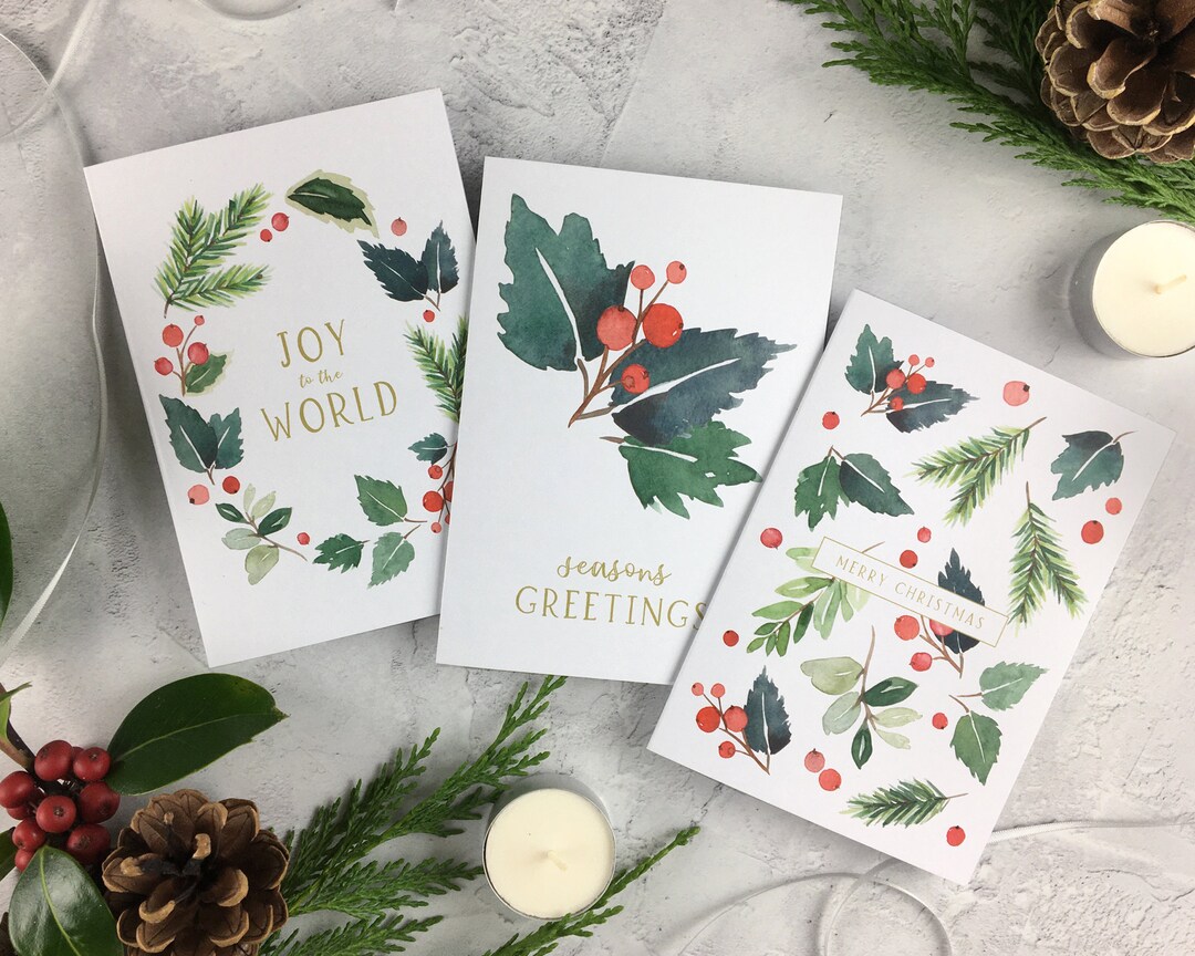 Luxury Illustrated Christmas Cards Pack With Watercolour Foliage Design