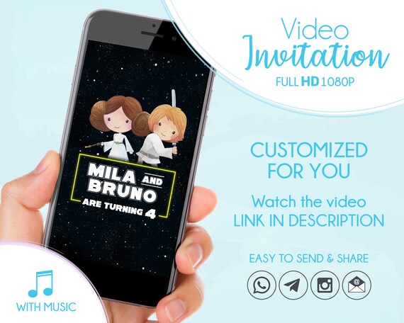 Animated birthday invitation for siblings or twins, Luke and Leia birthday, Personalized Party Invitation Il_570xn