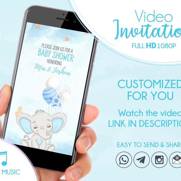 Elephant Baby Shower Invitation, Digital Invitation Elephant boy, Video Invitation Baby Shower