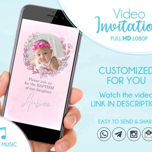 Invito al battesimo digitale, Invito al battesimo floreale rosa, Scheda video personalizzata
