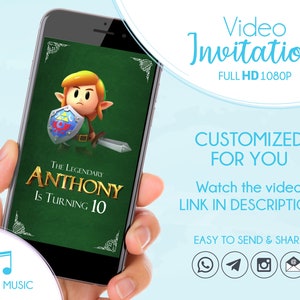 Invitación de cumpleaños animada de Zelda, invitación personalizada en vídeo de fiesta de The Legend of Zelda