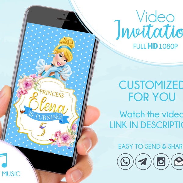 Cinderella Birthday Invitation Animated, Personalized Cinderella Party Invite