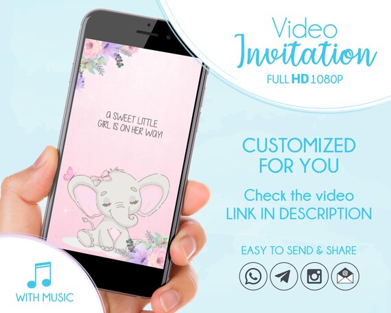 Digital Invitation Elephant Girl, Elephant Baby Shower Invitation, Video Invitation Baby Shower Il_570xn