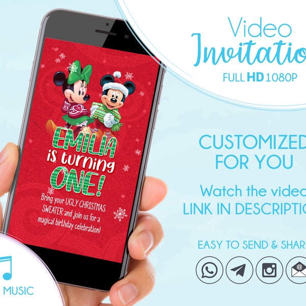 Mickey & Minnie Christmas Birthday Party Invitation, Animated Ugly Sweater Party Invitation