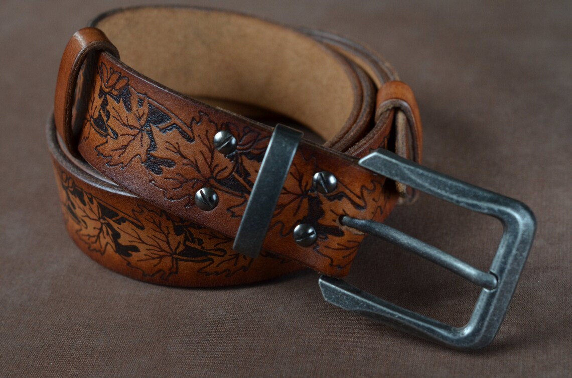Engraved Leather Belt Vintage Western Belt with Maple Leaf Etsy