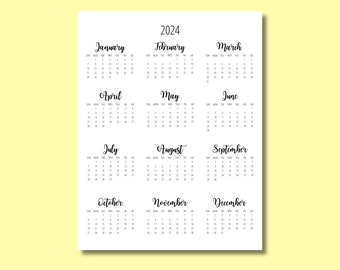 Modèle de calendrier 2024 8,5 x 11 pouces Année verticale en un coup d'œil Calendrier mural de bureau imprimable Prêt à imprimer pdf png TÉLÉCHARGEMENT INSTANTANÉ