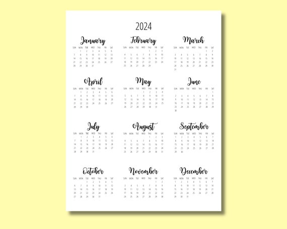 Modello di calendario 2024 8,5 x 11 pollici Anno verticale in sintesi  Calendario da parete da scrivania stampabile Pronto per la stampa pdf png  DOWNLOAD IMMEDIATO -  Italia