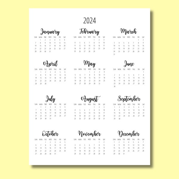 2024 Calendar Template 8.5 x 11 inches Vertical Year At A Glance Printable Desk Wall Calendar Print Ready pdf png INSTANT DOWNLOAD