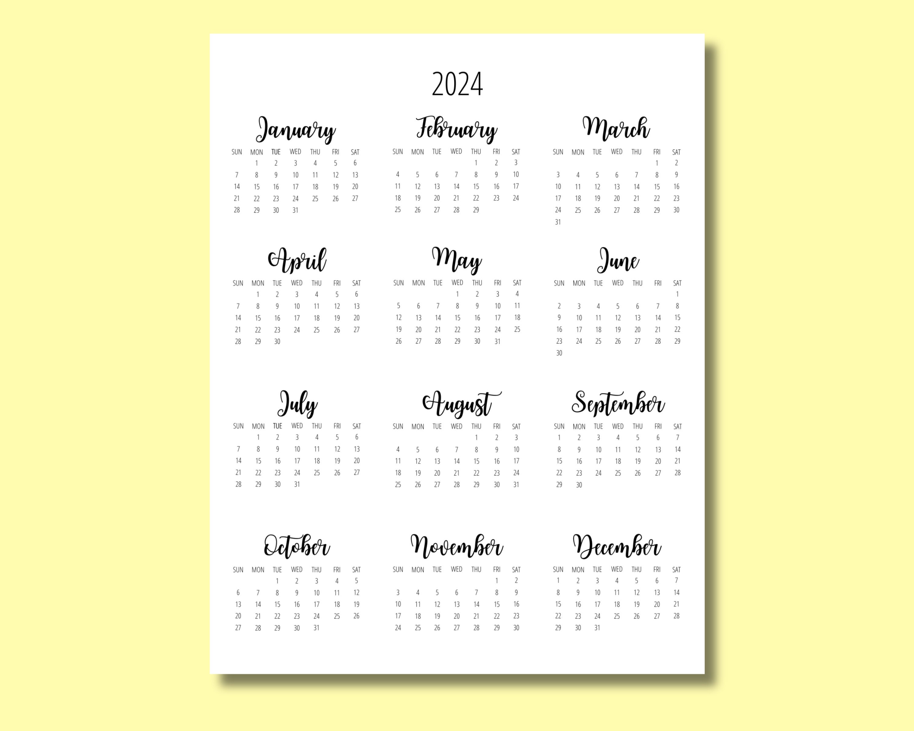 Year at a Glance Single Page Editable Calendar for Classroom and