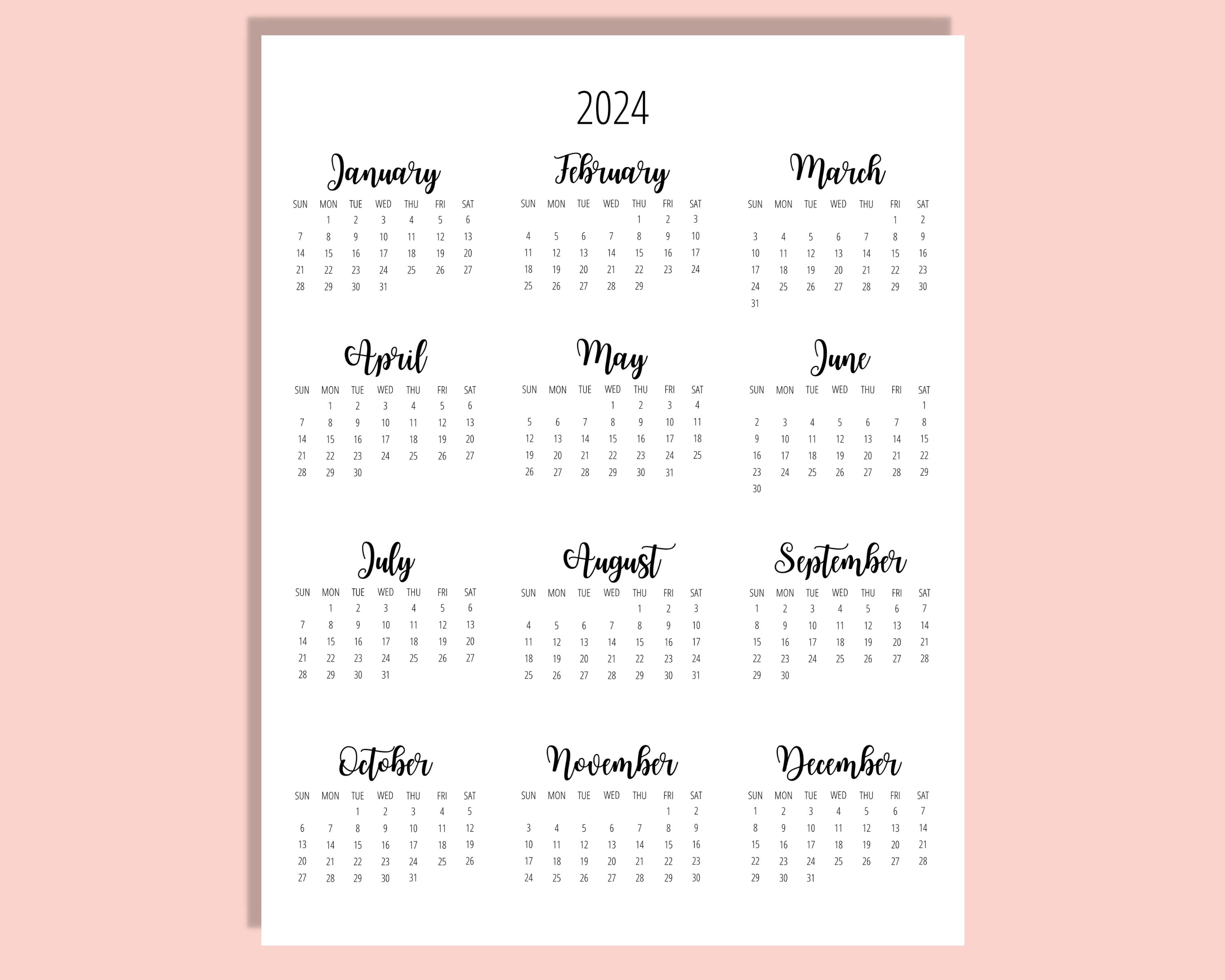 2024 Calendar Printable Cute Free 2024 Yearly Calendar