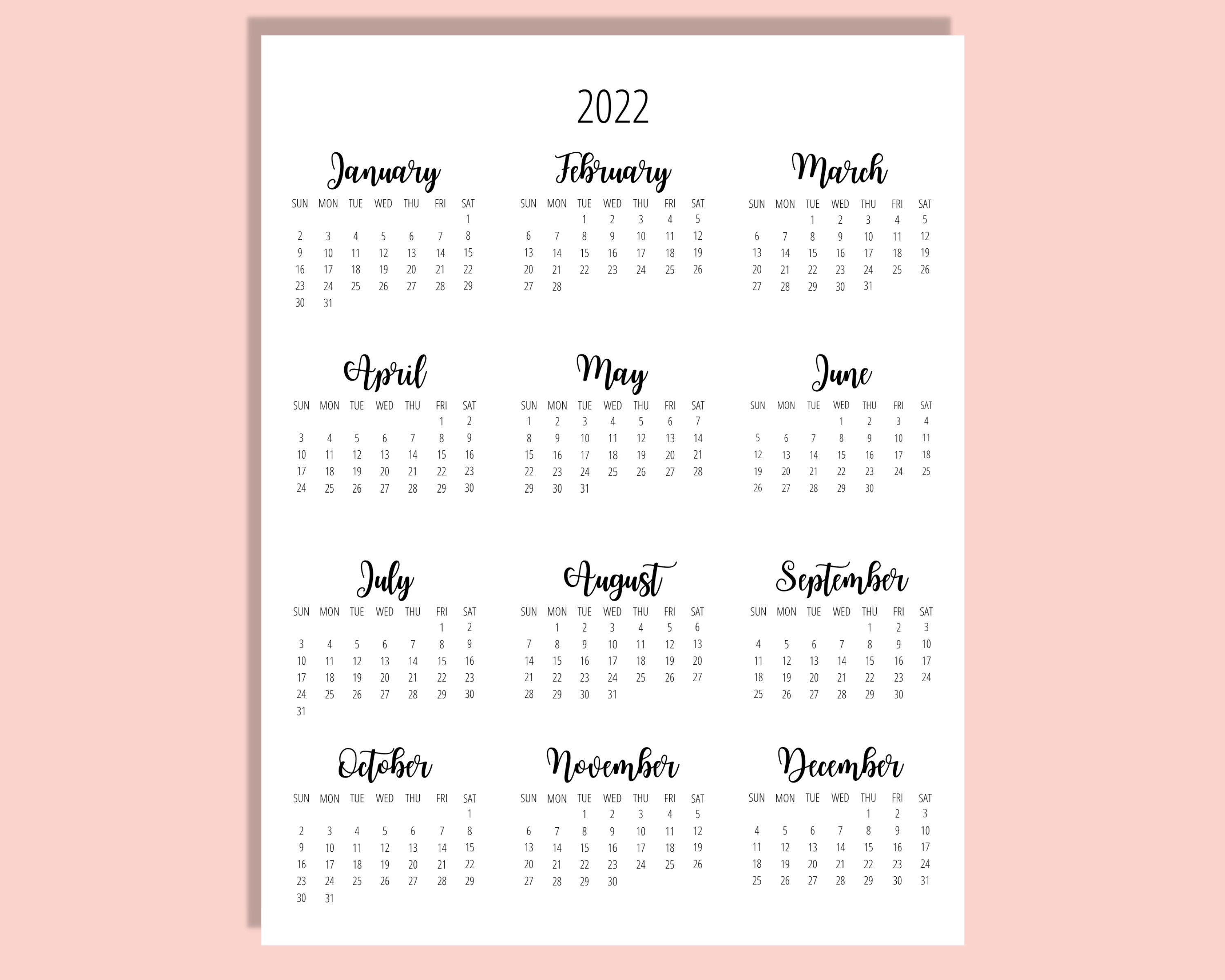 2022 calendar template 8 5 x 11 inches vertical year at a etsy new zealand