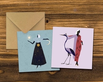 Set of 2 postcards square 150x150mm - "Universe" and "Lady with a heron"