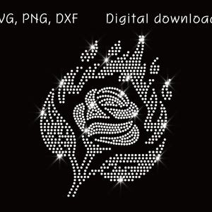 May include: A digital download graphic of a rose design, rendered in white dots on a black background. The image includes the text "SVG, PNG, DXF Digital download". The rose measures 7.992 inches wide and 9.772 inches high.