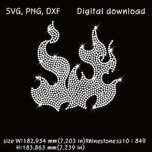 May include: A digital download of a white rhinestone design in the shape of a flame. The design is approximately 18.3 cm wide and 18.3 cm tall. The design is made up of 849 rhinestones.