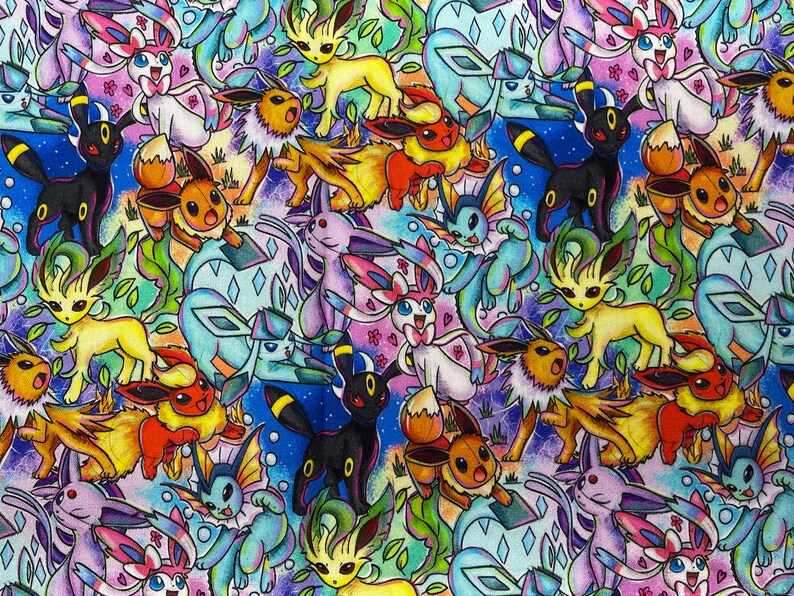 Puede incluir: Un patr&oacute;n ilustrado colorido con varios personajes de Pok&eacute;mon, incluyendo Eevee, Vaporeon, Jolteon, Flareon, Espeon, Umbreon y Glaceon. Los personajes se representan en una variedad de poses y expresiones, con colores vibrantes y detalles intrincados.